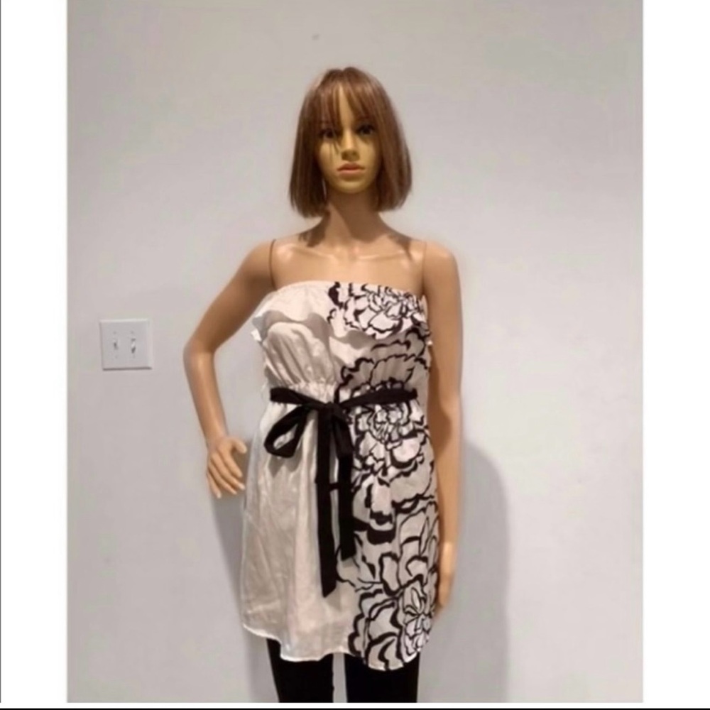Black and White Floral Ruffle Belted Tunic Mini Bustier Dress